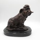 Bronze bulldog on marble plinth 7 inches high by 7 inches wide at the base signed Winston with