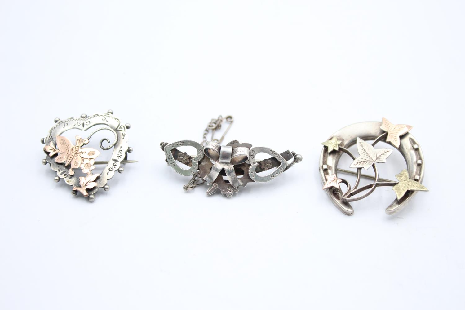 3 X .925 Sterling Silver Antique Victorian Brooches Including Gold Detailing (15g)