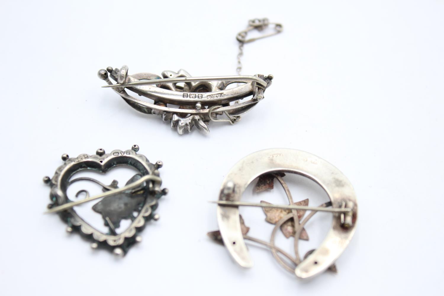 3 X .925 Sterling Silver Antique Victorian Brooches Including Gold Detailing (15g) - Image 5 of 5