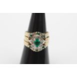 3 x 9ct synthetic emerald, green gemstones and diamond halo stacking ring set (5.4g) Size O