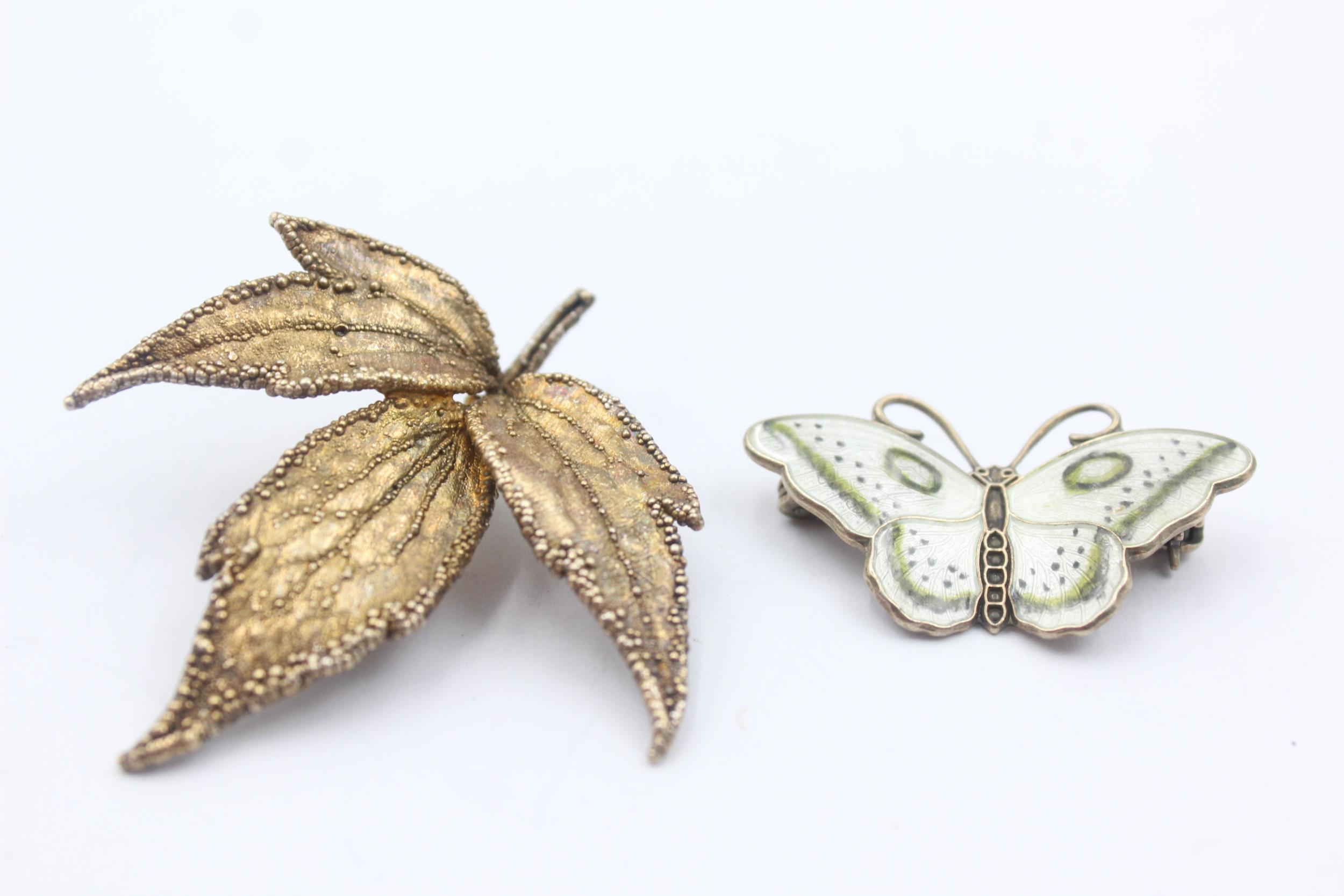 2 X .925 Scandi Silver Brooches Including Enamel Butterfly And Flora Danica (16g)