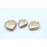 3 x 9ct back & front gold vintage foliate etched heart lockets (11g) Size