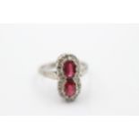 18ct white gold garnet topped doublet & diamond two stone halo statement ring (5.9g) Size K