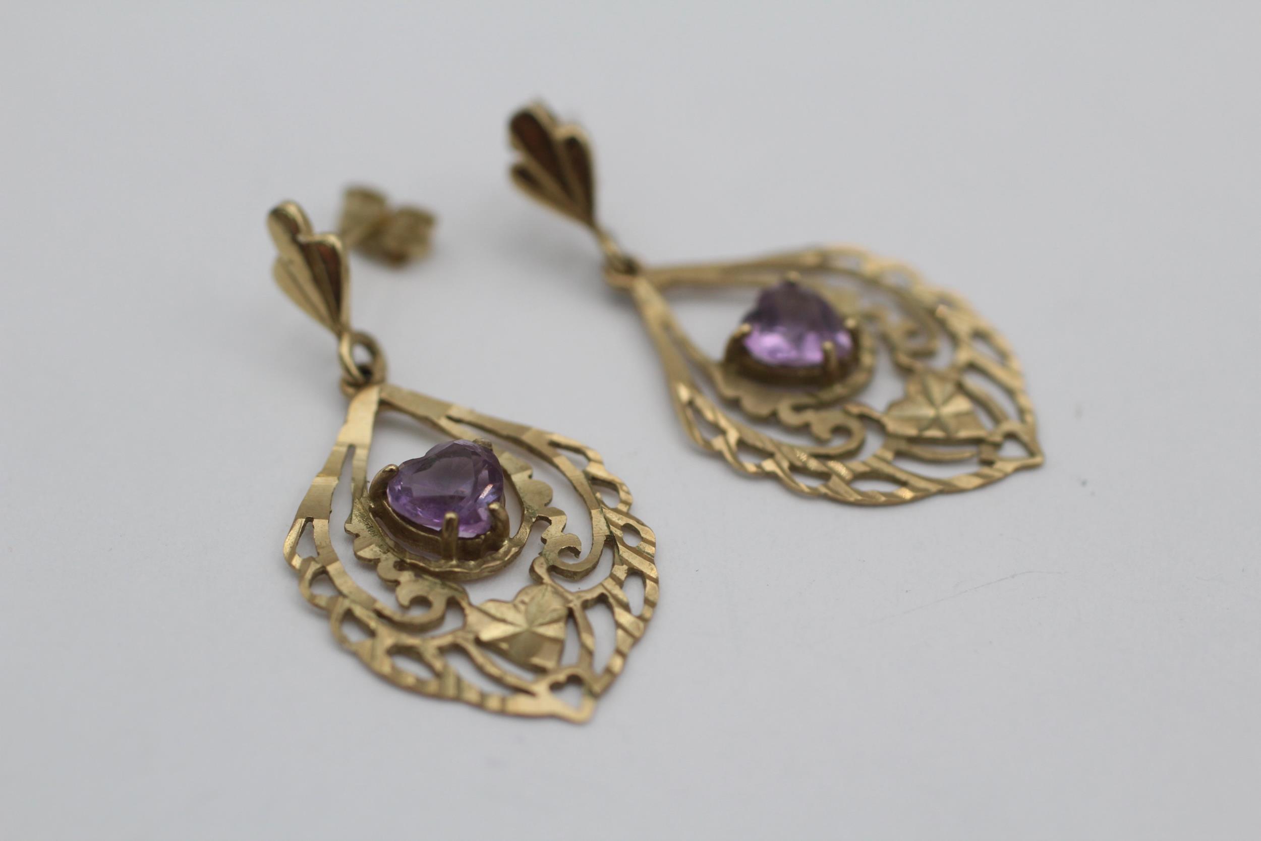 3 x 9ct gold paired amethyst earrings inc. drop & stud (4.6g) Size - Image 2 of 7