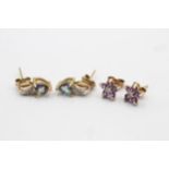 3 x yellow gold paired earrings inc. diamond, mystic topaz & amethyst (2.2g)