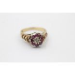 9ct gold glass filled ruby and diamond set cluster ring - size p as seen (3.9g)