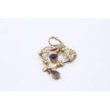 9ct gold antique amethyst & pearl lavalier pendant-as seen (3.8g)