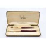 Vintage PARKER 51 Burgundy FOUNTAIN PEN w/ Rolled Gold Cap, Pencil, Original Box