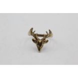 9ct gold vintage stags head ring - size r1/2 (2.2g)