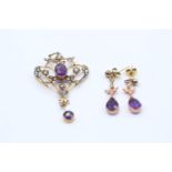 9ct gold antique amethyst & seed pearl lavalier pendant and drop earrings set (5.6g)