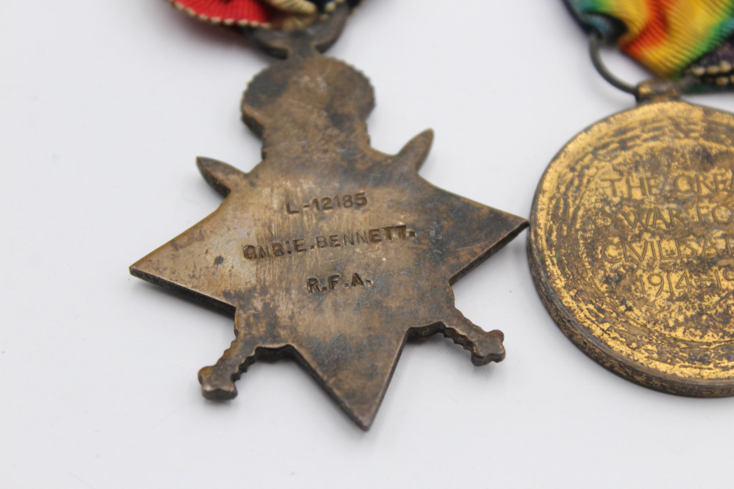 WW1 1914-15 Star Trio Medals & Original Long Ribbons Named Gnr E. Bennett, RA // WW1 1914-15 Star - Image 6 of 7