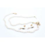 14ct Yellow Gold Vintage Pearl, Sapphire & Diamond Necklace & Earring Set (14.1g)