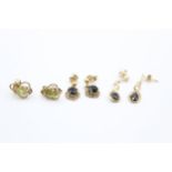 3 X 9ct Yellow Gold Vintage Paired Earrings Inc. Peridot & Sapphire (3g)