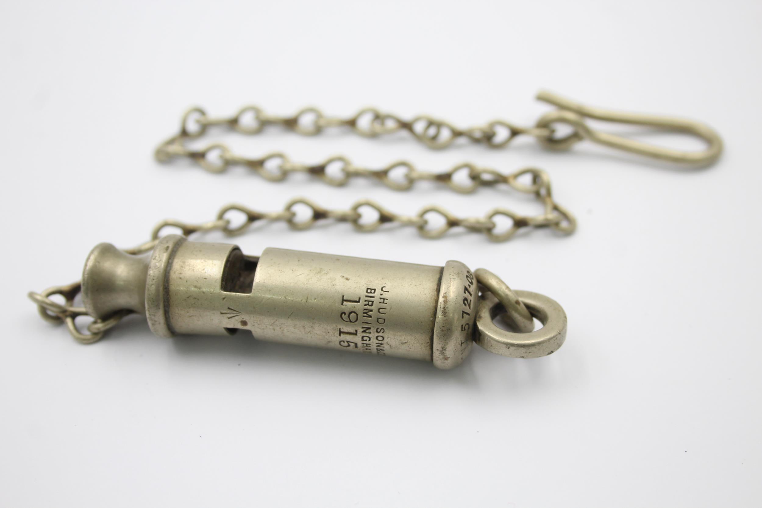 WW1 British Military Trench Whistle & Chain Marked 1915 w/ Broad Arrow Mark // WW1 British