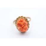 9ct Gold Carved Coral Floral Ring With Twisted Rope Frame (4g) Size S 1/2