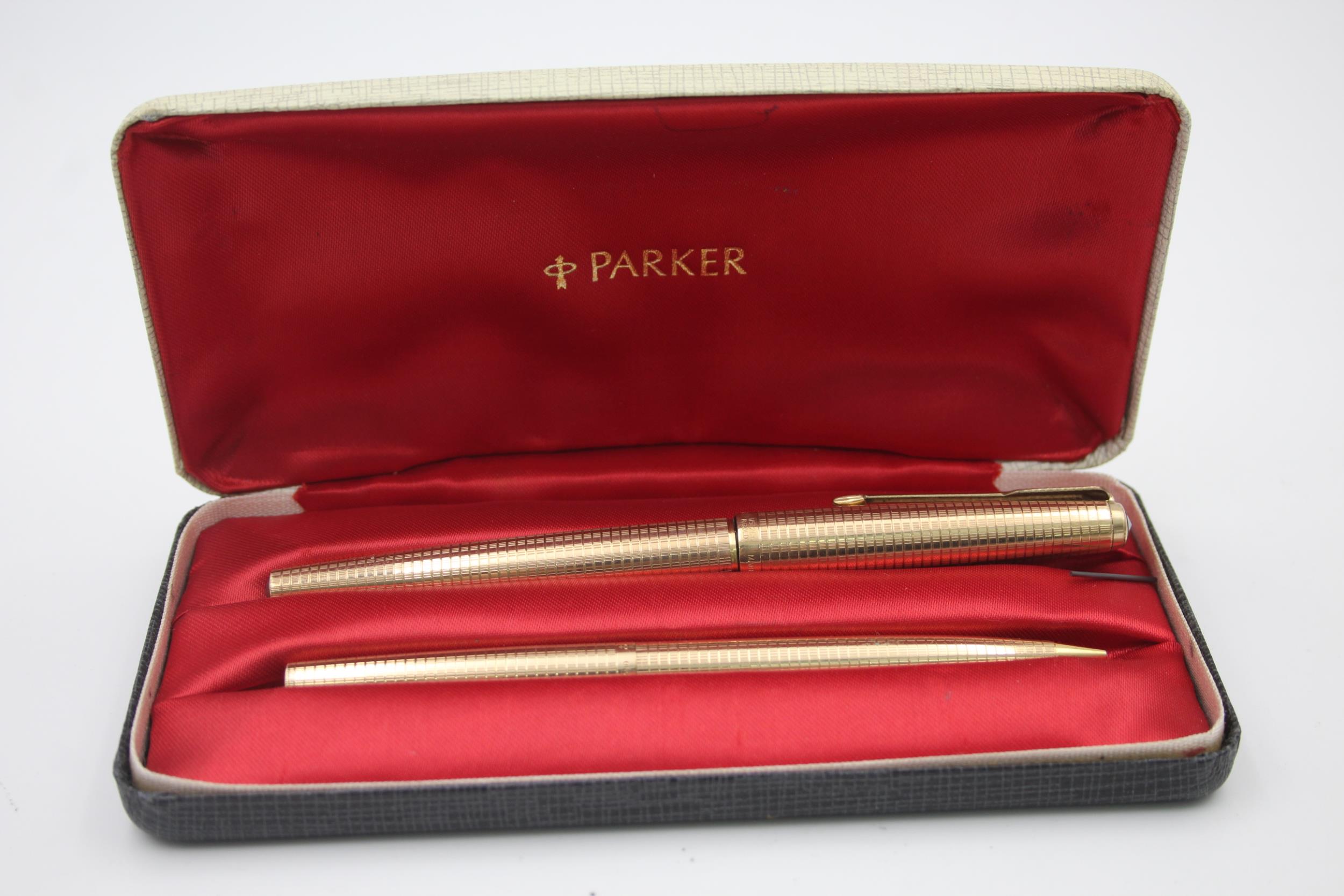 Vintage PARKER 65 Gold Plate FOUNTAIN PEN w/ 14ct Gold Nib, Pencil, Box Etc // Vintage PARKER 65