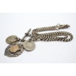 .925 Antique Watch Chain With Coins And Shield Fob (71g)