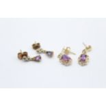2 X 9ct Yellow Gold Vintage Paired Earrings Inc. Diamond & Amethyst (2.3g)