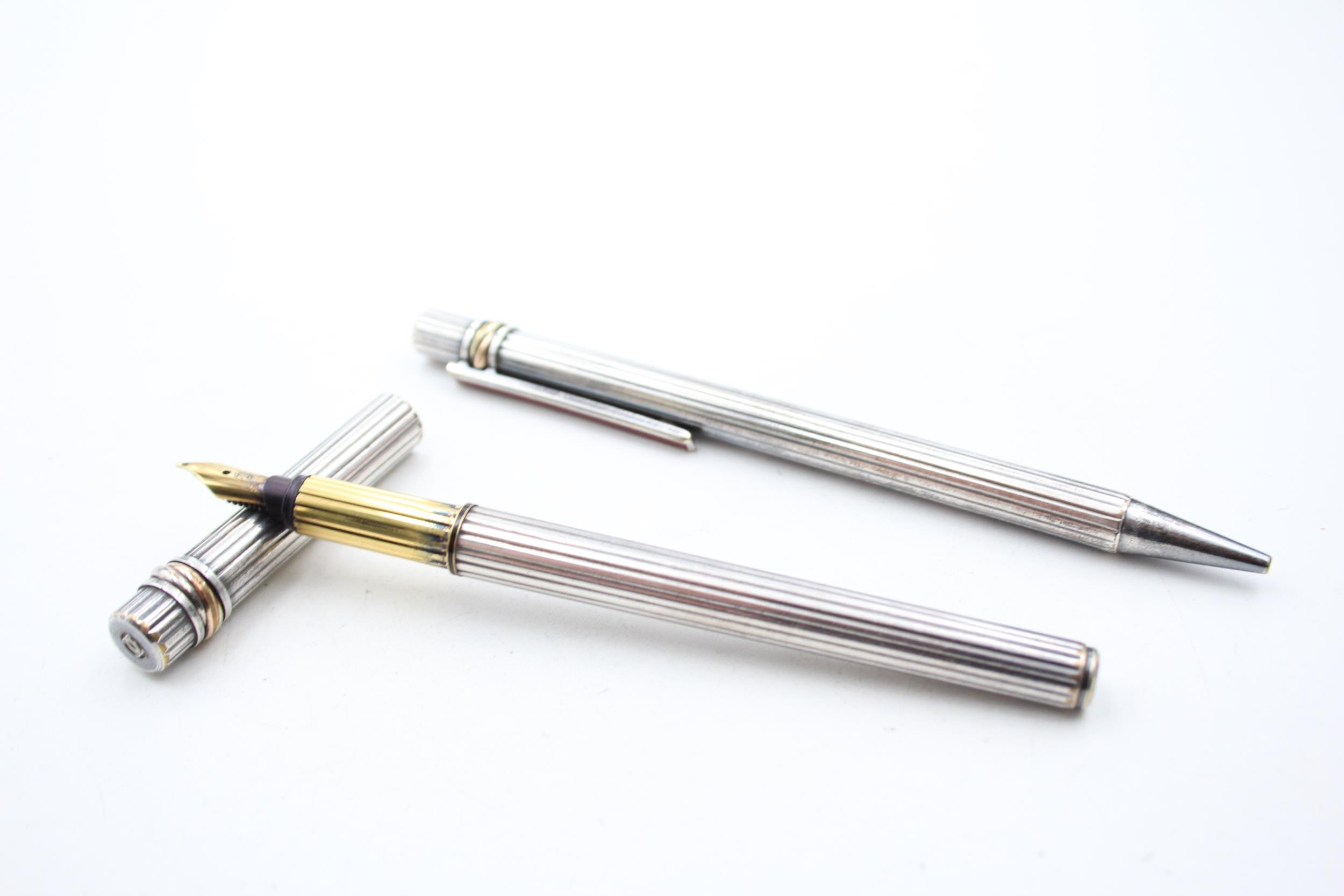 MUST DE CARTIER Silver Plate FOUNTAIN PEN w/ 18ct Gold Nib, Matching Ballpoint // Ballpoint is