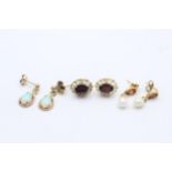 3 X 9ct Gold Paired Earrings Inc. Garnet, Opal & Pearl (3.9g)