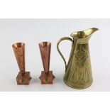 Antique / Vintage ART NOUVEAU Brass Jug & Copper / Brass Mid Century Vases 2919g // Jug Height: 21cm