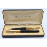 Vintage WATERMAN C/F Black Fountain Pen w/ 14ct Gold Nib, Pencil, Original Box // Vintage WATERMAN