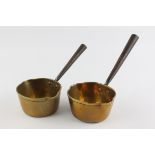 2 x Antique Steel Handled BRASS PANS 2166g // Length: 29cm Items are in antique condition Signs of