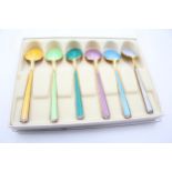 6 x Vintage Stamped .925 STERLING SILVER Guilloche Enamel Teaspoons Boxed (67g) // Maker -