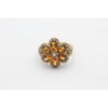 9ct Gold Citrine & Seed Pearl Floral Cluster Ring (5.8g) Size R