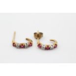9ct Gold Diamond & Ruby Half Hoop Earrings (1.2g)