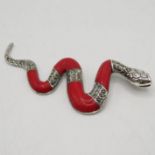 Silver and coral with marcasite stones snake pendant 90mm long