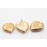 3 x 9ct back & front gold vintage foliate motif heart lockets (10.1g)