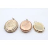3 x 9ct back & front gold vintage foliate etched oval lockets (12.3g)