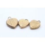 3 x 9ct back & front gold vintage etched heart lockets (8.8g)