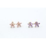 2 x 9ct gold paired amethyst and pink gemstone flower stud earrings (1.7g)