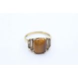 9ct gold vintage smokey quartz & tigers eye ring (3.3g) Size S