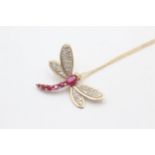 9ct gold ruby & diamond dragonfly pendant necklace (2.4g)