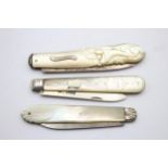 3 x Antique Hallmarked .925 STERLING SILVER Knives w/ MOP Handle (82g) // In antique condition Signs