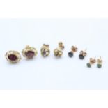 4 x 9ct gold paired stud earrings inc. garnet, sapphire, emerald (3.7g)