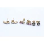 3 x 9ct gold paired stud earrings inc. diamond, sapphire, amethyst, tanzanite (3.2g)