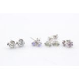 4 X 9ct White Gold Paired Gemstone Stud Earrings Inc. Tanzanite, Aquamarine (4.1g)