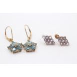 2 X 9ct Gold Paired Gemstone Cluster Drop Earrings Inc. Tanzanite & Topaz (3.4g)