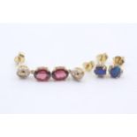 2 X 9ct Gold Paired Gemstone & Diamond Earrings Inc. Garnet & Opal Doublet (4g)