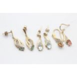 3 X 9ct Gold Paired Gemstone & Diamond Drop Earrings Inc. Emerald, Topaz & Coated Topaz (5.1g)