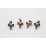 4 X 9ct Gold Paired Gemstone & Diamond Set Cross Pendants Inc. Sapphire & Ruby (2.5g)