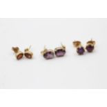 3 X 9ct Gold Paired Gemstone Stud Earrings Inc. Amethyst & Garnet (3.5g)
