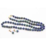 9ct Gold Azurite Malachite Beads Necklace & Drop Earrings Set (25.3g)