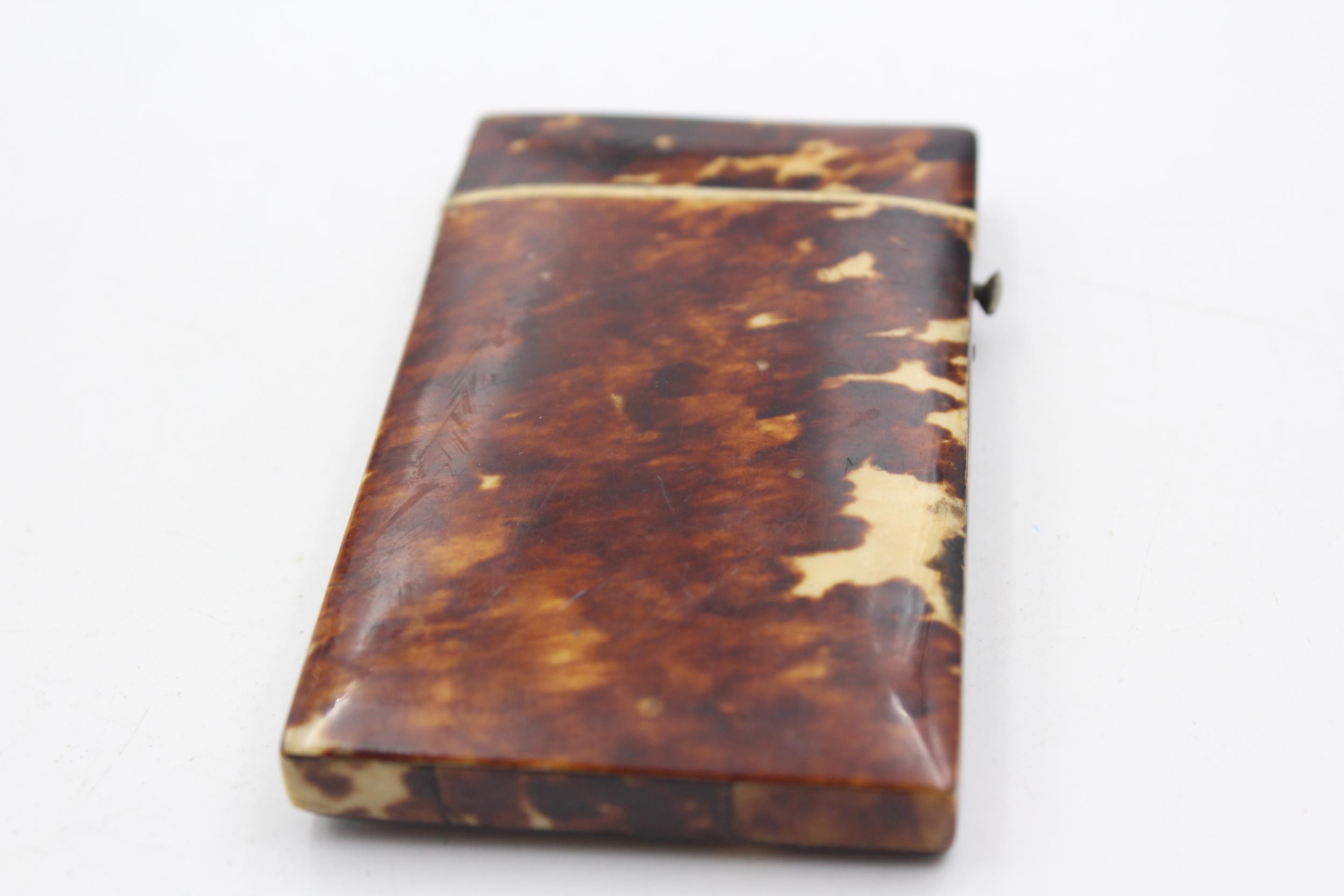 Antique / Vintage Tortoiseshell Calling Card Case // w/ Horse Themed Porcelain Pannel, Turquoise - Image 2 of 6