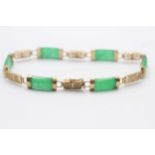 9ct Gold Green Dyed Jade & Chinese Characters Panel Links Chain Bracelet (7.9g)