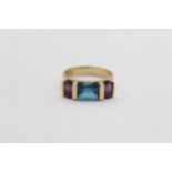 14ct Gold Amethyst And Topaz Trilogy Modernist Ring (4.6g) Size M